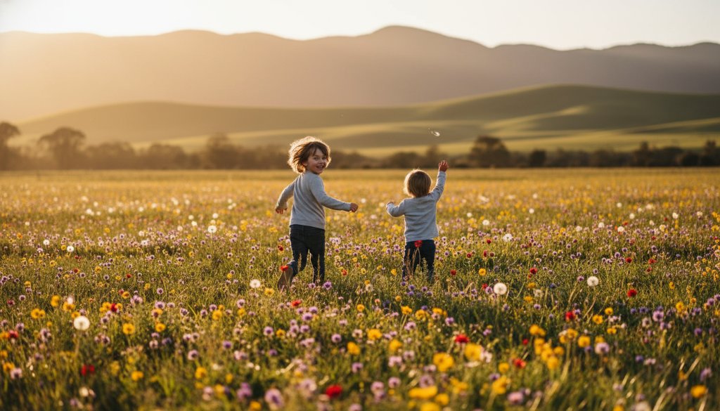 A vibrant, high-angle wide shot capturing a moment of pure joy, as a child with a beaming smile is playfully chasing bubbles in a sun-dappled field near the foothills of the Grampians, showcasing joyful kids photography in Ararat, Victoria, with dramatic lens flare and warm, golden hour light.