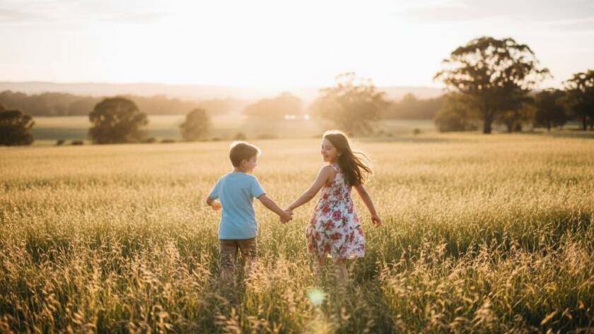 An epic moment captured in joyful kids photography Beaconsfield family moments: a young boy and girl laughing uninhibitedly while running through a sun-drenched field near Beaconsfield Nature Reserve, golden hour light backlighting their hair, creating a halo effect, with the Dandenong Ranges faintly visible in the distance. Professional, vibrant, and emotive.