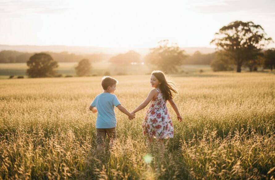 An epic moment captured in joyful kids photography Beaconsfield family moments: a young boy and girl laughing uninhibitedly while running through a sun-drenched field near Beaconsfield Nature Reserve, golden hour light backlighting their hair, creating a halo effect, with the Dandenong Ranges faintly visible in the distance. Professional, vibrant, and emotive.
