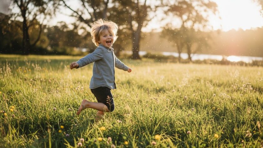 A child, mid-laugh, playing with colourful autumn leaves in a sun-drenched park in Belmont, Victoria, encapsulating joyful kids photography Belmont Victoria with a genuine, candid expression.