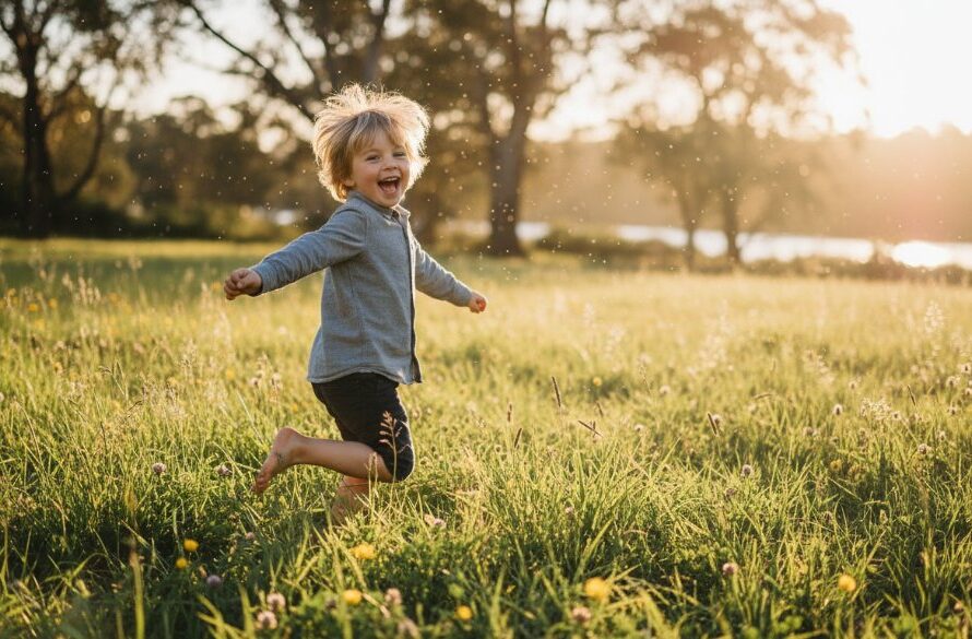 A child, mid-laugh, playing with colourful autumn leaves in a sun-drenched park in Belmont, Victoria, encapsulating joyful kids photography Belmont Victoria with a genuine, candid expression.