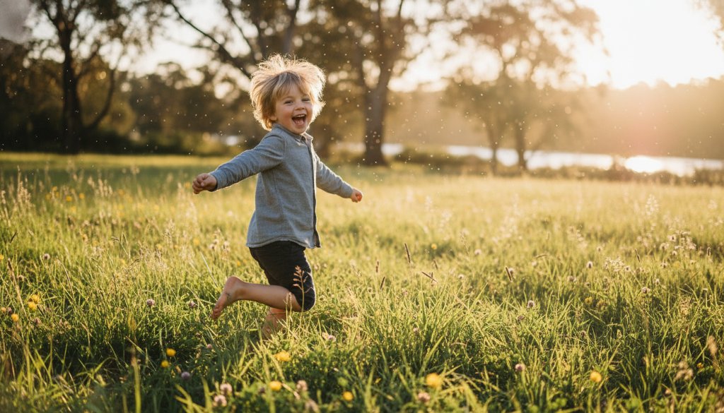 A child, mid-laugh, playing with colourful autumn leaves in a sun-drenched park in Belmont, Victoria, encapsulating joyful kids photography Belmont Victoria with a genuine, candid expression.