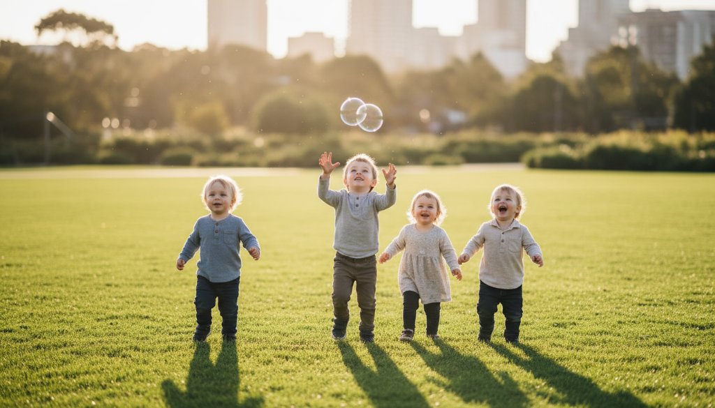 A wide-angle, vibrant photograph capturing an authentic, joyful moment of kids playing freely in a sun-drenched park in Brooklyn, Victoria, illustrating professional joyful kids photography Brooklyn Victoria.