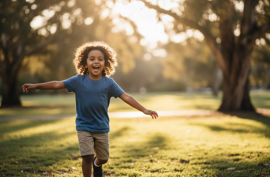 An epic moment captured in joyful kids photography Croydon Hills Victoria: A young child with a wide, genuine smile, mid-laugh, running through dappled sunlight in a lush green park near Candlebark Walk in Croydon Hills, a trail of colourful autumn leaves swirling behind them. The shot is dynamic, with shallow depth of field, golden hour light, and vibrant, professional colour grading.