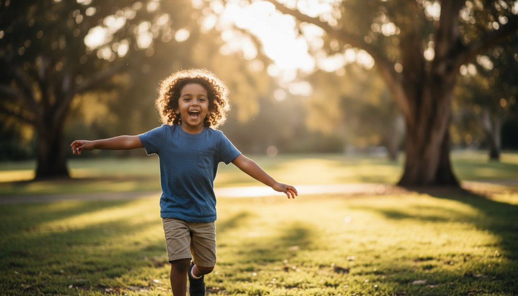 An epic moment captured in joyful kids photography Croydon Hills Victoria: A young child with a wide, genuine smile, mid-laugh, running through dappled sunlight in a lush green park near Candlebark Walk in Croydon Hills, a trail of colourful autumn leaves swirling behind them. The shot is dynamic, with shallow depth of field, golden hour light, and vibrant, professional colour grading.