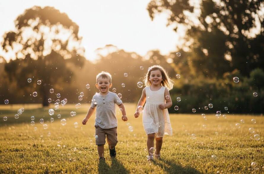 A vibrant, professionally color-graded wide shot capturing the pure essence of joyful kids photography Croydon North Victoria, with two children laughing as they chase bubbles in a golden-hour field near Candlebark Bushland Reserve, their silhouettes dramatic against the setting sun.