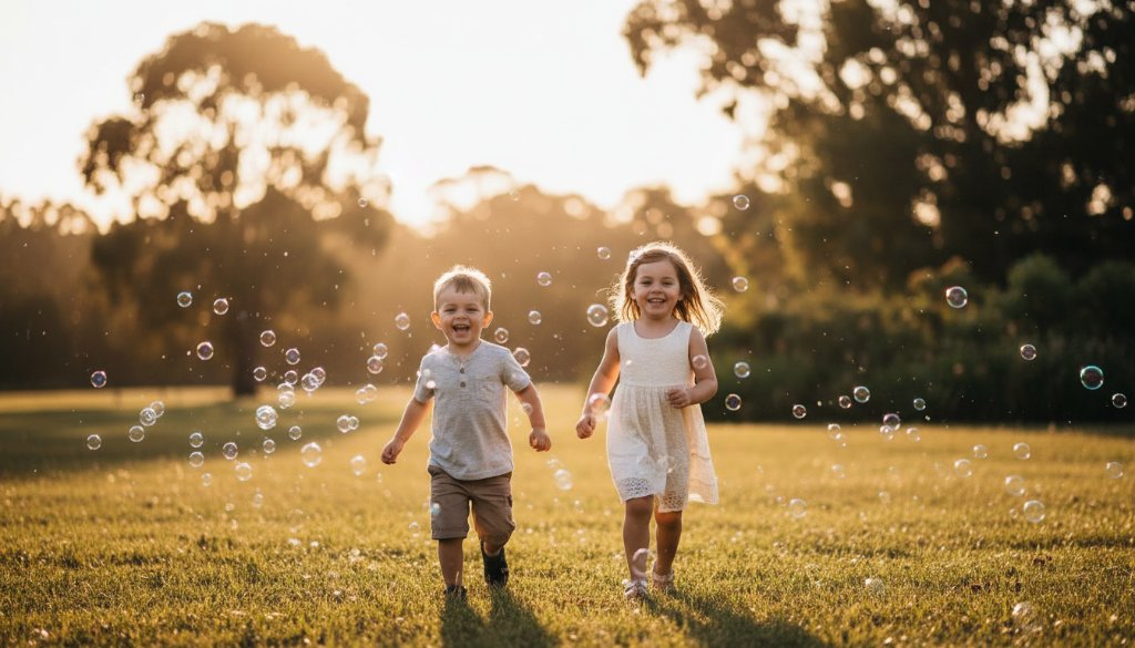 A vibrant, professionally color-graded wide shot capturing the pure essence of joyful kids photography Croydon North Victoria, with two children laughing as they chase bubbles in a golden-hour field near Candlebark Bushland Reserve, their silhouettes dramatic against the setting sun.