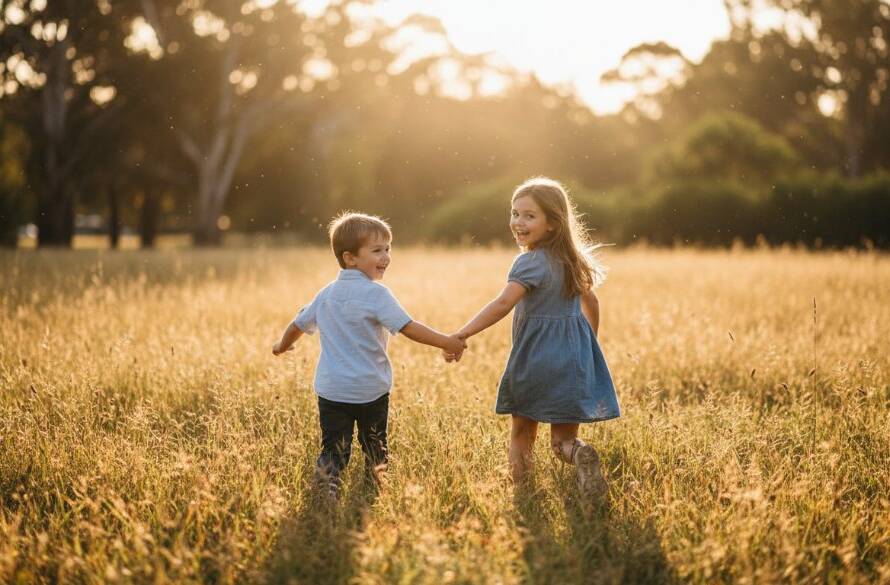 A wide shot capturing an authentic, joyful kids photography Croydon South sessions moment, with two siblings laughing as they run through a sun-drenched field in Croydon South, Victoria, golden hour light illuminating their playful interaction.