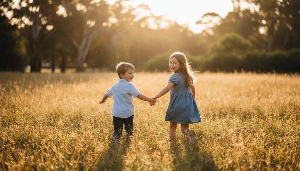 A wide shot capturing an authentic, joyful kids photography Croydon South sessions moment, with two siblings laughing as they run through a sun-drenched field in Croydon South, Victoria, golden hour light illuminating their playful interaction.