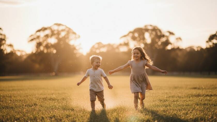 An emotionally charged, candid 'epic moment' photograph capturing two joyful kids playing freely in the golden hour light at Doveton Park, their laughter echoing through the trees, a perfect example of joyful kids photography Doveton.