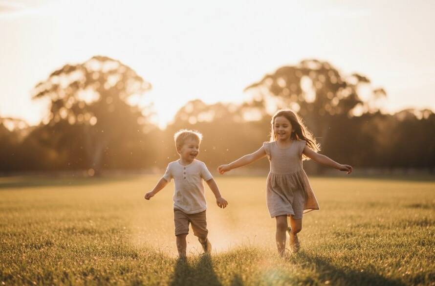 An emotionally charged, candid 'epic moment' photograph capturing two joyful kids playing freely in the golden hour light at Doveton Park, their laughter echoing through the trees, a perfect example of joyful kids photography Doveton.