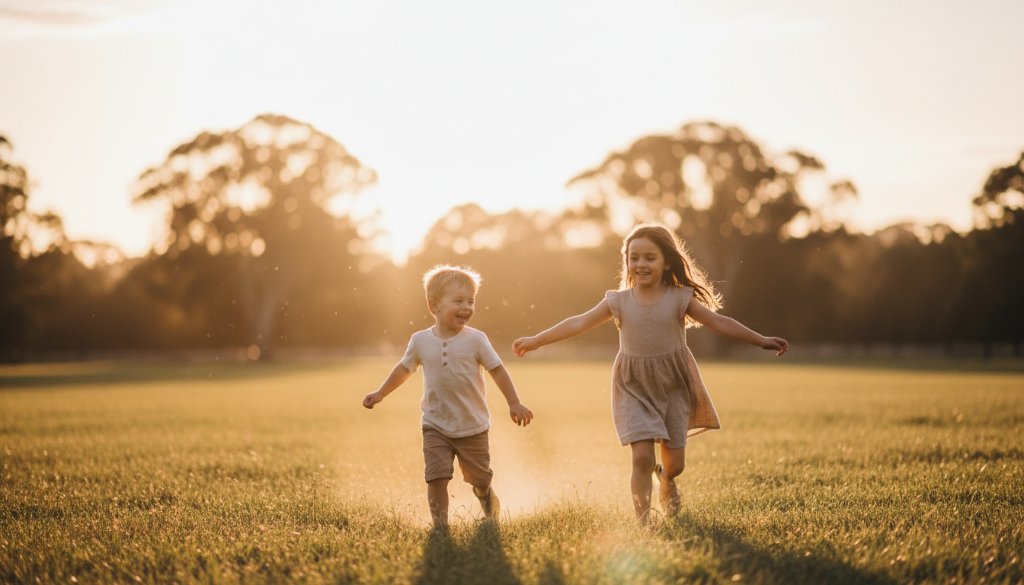 An emotionally charged, candid 'epic moment' photograph capturing two joyful kids playing freely in the golden hour light at Doveton Park, their laughter echoing through the trees, a perfect example of joyful kids photography Doveton.