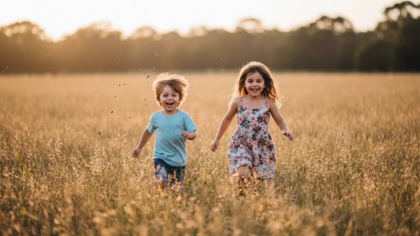 An epic moment captured: two siblings, a boy and a girl, laughing joyfully while playing with fallen leaves in a sun-drenched Hampton Park outdoor setting, golden hour light backlighting their hair, leaves frozen mid-air, creating a magical, cinematic scene. This stunning joyful kids photography Hampton Park outdoor adventures image showcases authentic connection.