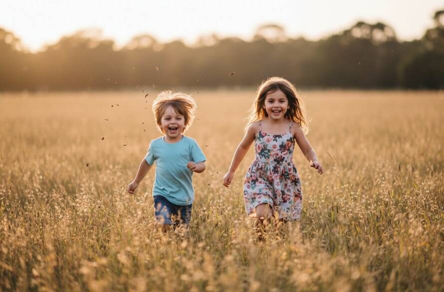 An epic moment captured: two siblings, a boy and a girl, laughing joyfully while playing with fallen leaves in a sun-drenched Hampton Park outdoor setting, golden hour light backlighting their hair, leaves frozen mid-air, creating a magical, cinematic scene. This stunning joyful kids photography Hampton Park outdoor adventures image showcases authentic connection.