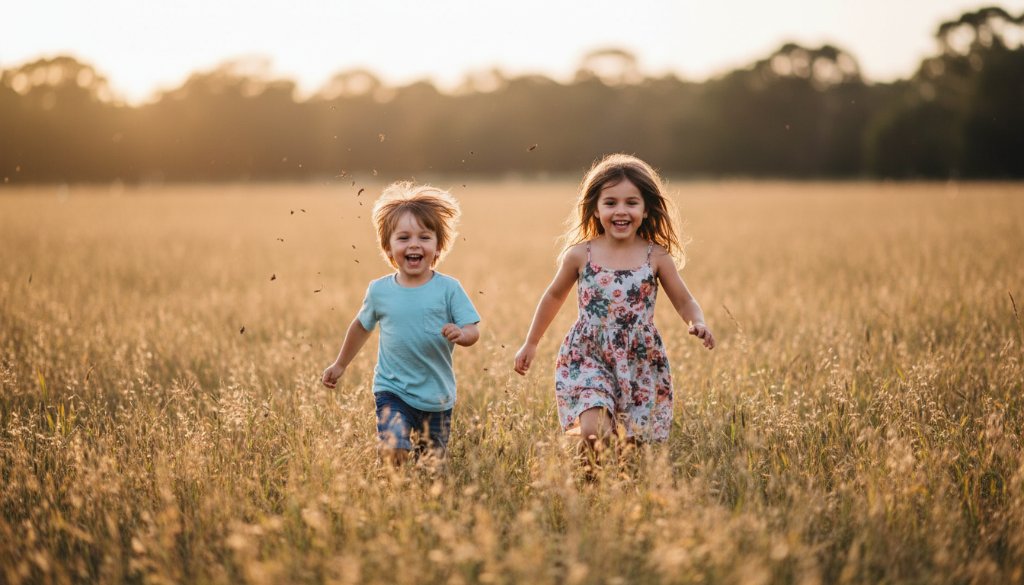 An epic moment captured: two siblings, a boy and a girl, laughing joyfully while playing with fallen leaves in a sun-drenched Hampton Park outdoor setting, golden hour light backlighting their hair, leaves frozen mid-air, creating a magical, cinematic scene. This stunning joyful kids photography Hampton Park outdoor adventures image showcases authentic connection.
