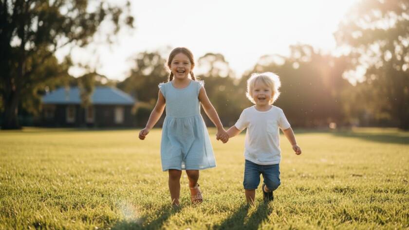 A vibrant, professionally colour-graded photograph capturing an epic moment of joyful kids photography in Keilor, featuring two children laughing heartily as they run through a sun-dappled park in Keilor, Victoria, during golden hour, with the setting sun creating a warm glow behind them.