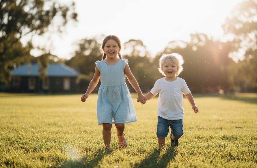 A vibrant, professionally colour-graded photograph capturing an epic moment of joyful kids photography in Keilor, featuring two children laughing heartily as they run through a sun-dappled park in Keilor, Victoria, during golden hour, with the setting sun creating a warm glow behind them.