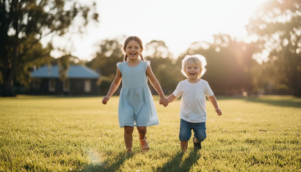 A vibrant, professionally colour-graded photograph capturing an epic moment of joyful kids photography in Keilor, featuring two children laughing heartily as they run through a sun-dappled park in Keilor, Victoria, during golden hour, with the setting sun creating a warm glow behind them.