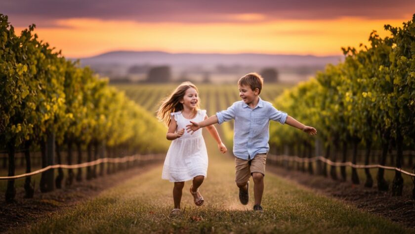 An epic moment captured during joyful kids photography Merbein outdoor sessions, featuring two children laughing heartily as they splash in the shallow waters of the Murray River at sunset, golden light illuminating their faces and water spray.