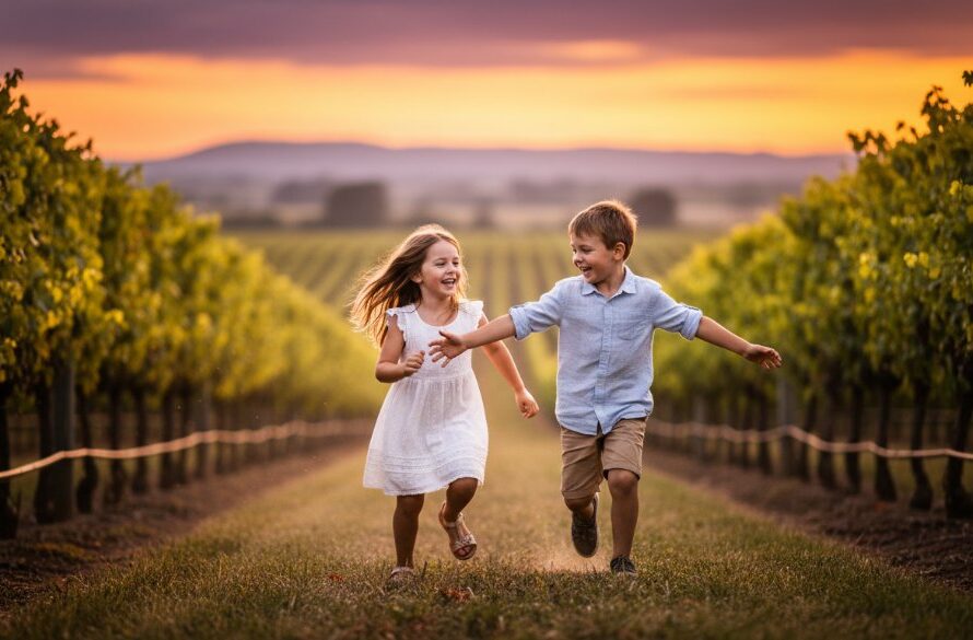An epic moment captured during joyful kids photography Merbein outdoor sessions, featuring two children laughing heartily as they splash in the shallow waters of the Murray River at sunset, golden light illuminating their faces and water spray.