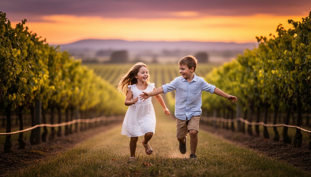 An epic moment captured during joyful kids photography Merbein outdoor sessions, featuring two children laughing heartily as they splash in the shallow waters of the Murray River at sunset, golden light illuminating their faces and water spray.