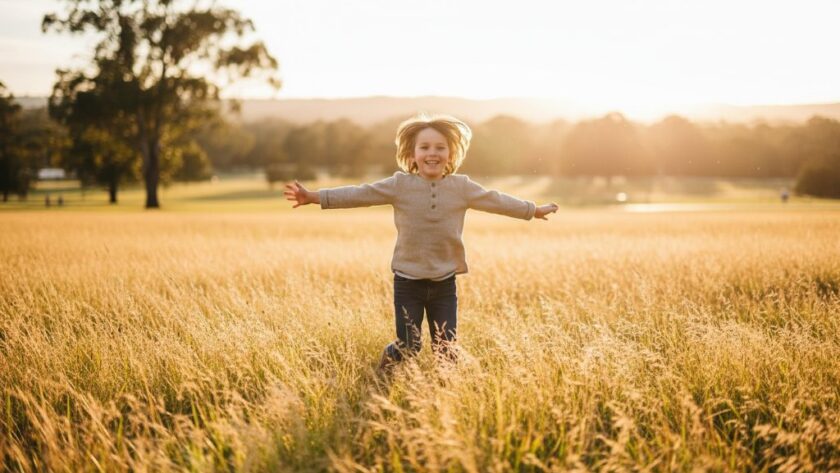 A wide-angle, vibrant, professional photograph capturing the pure joy of a child mid-laugh, running through sun-drenched long grass at a local park in Moe, Victoria. This image epitomises joyful kids photography Moe Victoria outdoor, with warm light highlighting their dynamic movement and genuine happiness.