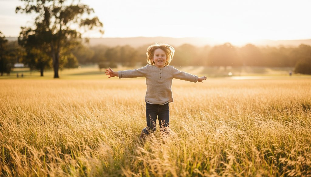 A wide-angle, vibrant, professional photograph capturing the pure joy of a child mid-laugh, running through sun-drenched long grass at a local park in Moe, Victoria. This image epitomises joyful kids photography Moe Victoria outdoor, with warm light highlighting their dynamic movement and genuine happiness.