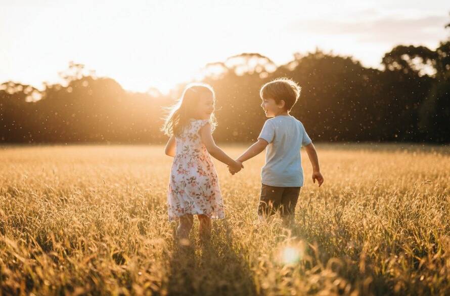 A high-angle, cinematic shot capturing joyful kids photography Oakleigh outdoor family moments, showing a child joyfully running through autumn leaves in Warrawee Park with warm, golden hour sunlight backlighting their laughter.