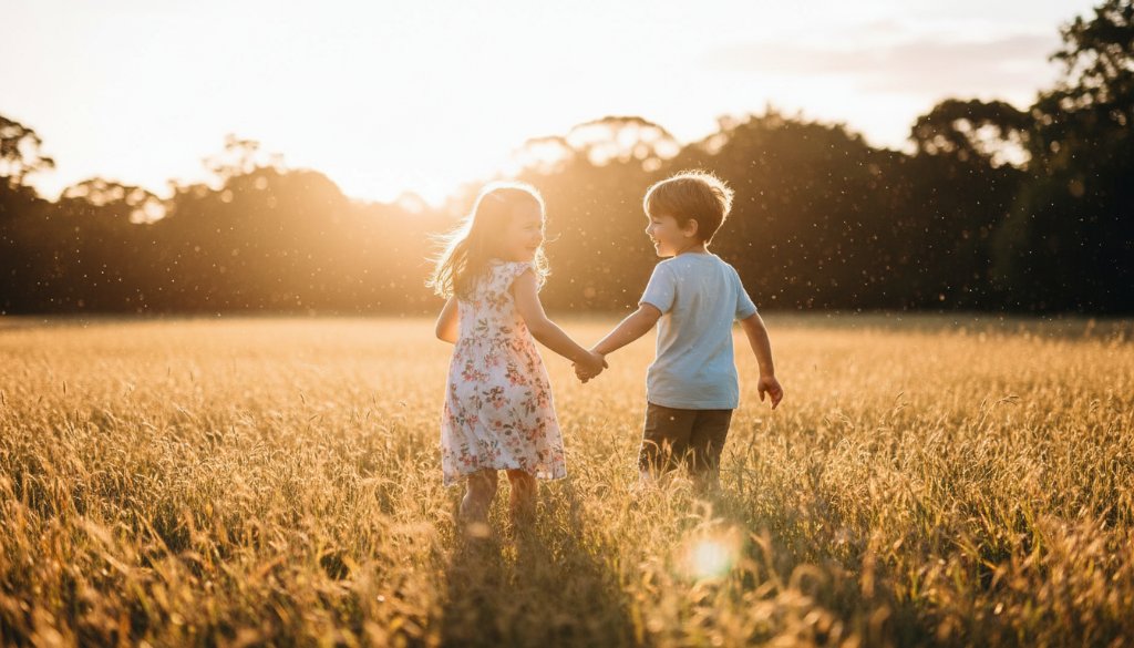 A high-angle, cinematic shot capturing joyful kids photography Oakleigh outdoor family moments, showing a child joyfully running through autumn leaves in Warrawee Park with warm, golden hour sunlight backlighting their laughter.