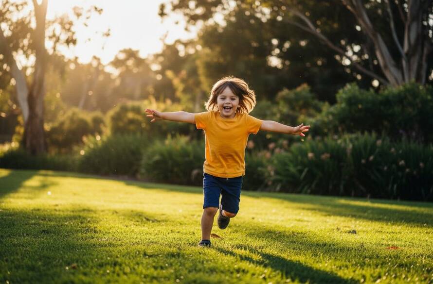 Close-up of a child, mid-laugh, with sun-kissed hair and bright eyes, running through a vibrant green park in Ormond, Victoria, capturing a joyful kids photography Ormond Victoria epic moment with dramatic lighting and professional colour grading.