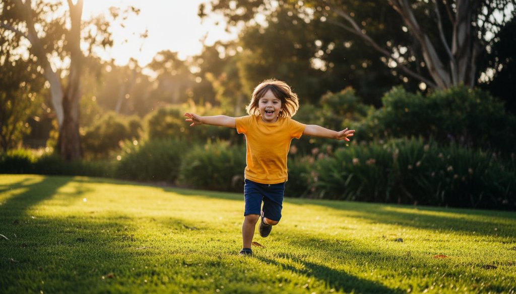 Close-up of a child, mid-laugh, with sun-kissed hair and bright eyes, running through a vibrant green park in Ormond, Victoria, capturing a joyful kids photography Ormond Victoria epic moment with dramatic lighting and professional colour grading.