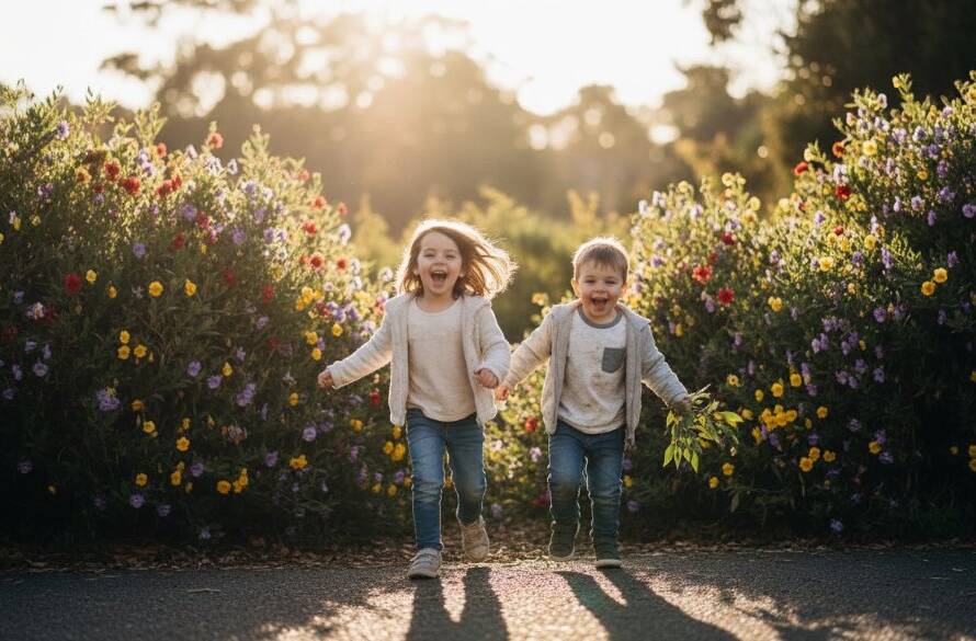 A wide-angle, sun-drenched photograph of two children, mid-laughter, running through a vibrant flower garden in Doncaster, Victoria, during a joyful kids photography session, with bokeh highlights and dramatic golden hour light creating an epic, candid moment.