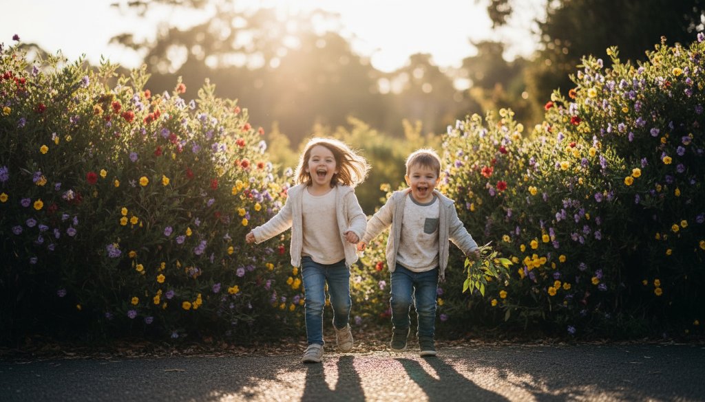 A wide-angle, sun-drenched photograph of two children, mid-laughter, running through a vibrant flower garden in Doncaster, Victoria, during a joyful kids photography session, with bokeh highlights and dramatic golden hour light creating an epic, candid moment.