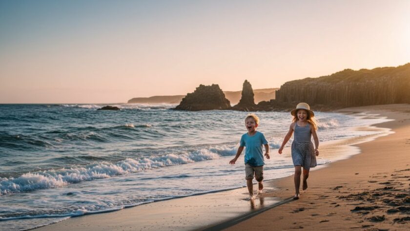 A stunning wide-angle shot of a child, silhouetted against a golden sunset over Bridgewater Bay, excitedly chasing waves, showcasing joyful kids photography sessions Portland Victoria by a professional photographer.