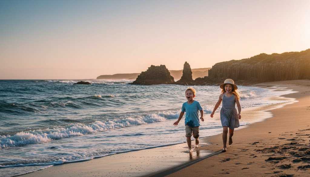 A stunning wide-angle shot of a child, silhouetted against a golden sunset over Bridgewater Bay, excitedly chasing waves, showcasing joyful kids photography sessions Portland Victoria by a professional photographer.