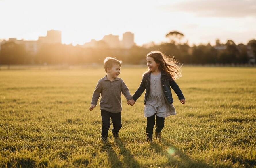 A candid, joyful kids photography session in Tottenham, Victoria, featuring two young siblings laughing as they run through golden afternoon light near a local park, capturing an epic moment of pure childhood bliss with dramatic backlighting.