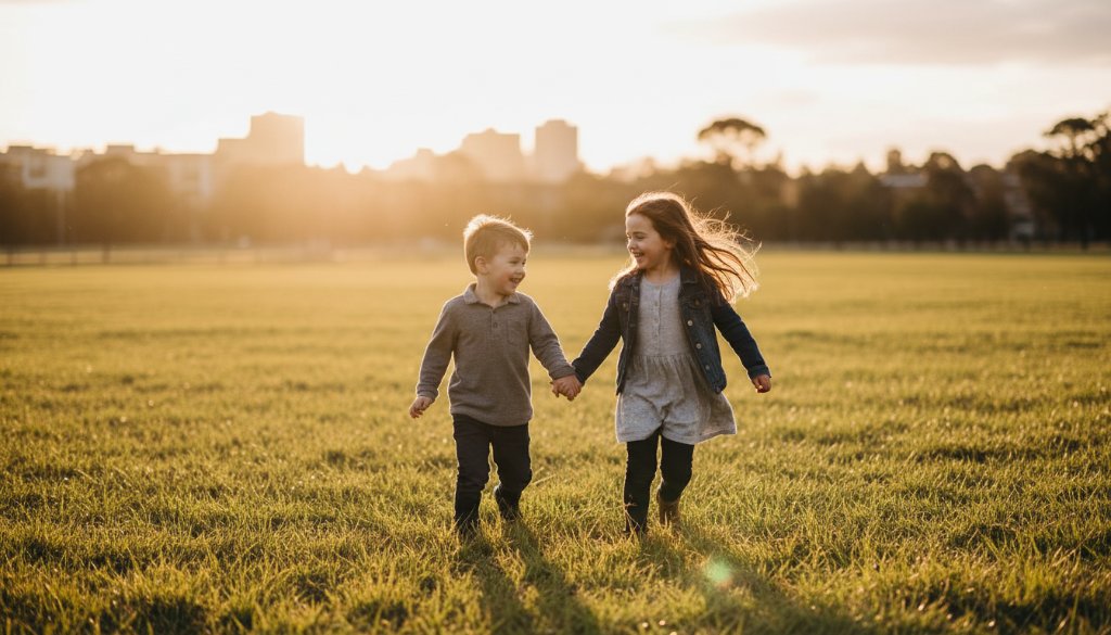 A candid, joyful kids photography session in Tottenham, Victoria, featuring two young siblings laughing as they run through golden afternoon light near a local park, capturing an epic moment of pure childhood bliss with dramatic backlighting.