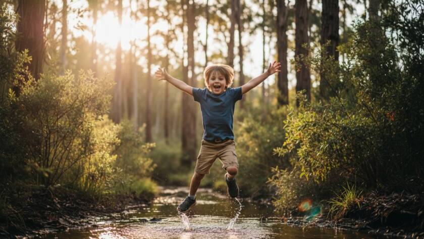 An epic moment of pure joy: a child in The Basin running through a sun-dappled field, arms outstretched, with a genuine, infectious laugh, perfectly capturing joyful kids photography The Basin family memories amidst the lush Victorian landscape, evoking a sense of carefree childhood.