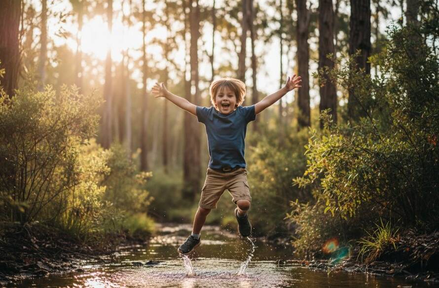 An epic moment of pure joy: a child in The Basin running through a sun-dappled field, arms outstretched, with a genuine, infectious laugh, perfectly capturing joyful kids photography The Basin family memories amidst the lush Victorian landscape, evoking a sense of carefree childhood.