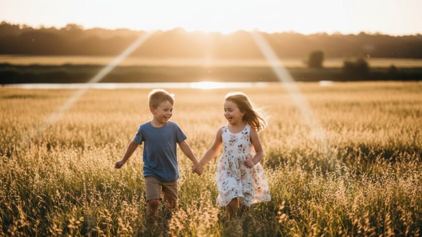 Joyful kids photography Waurn Ponds natural light captures a child mid-laugh, running through golden-hour fields near Deakin University, sun flare creating a magical, epic moment.