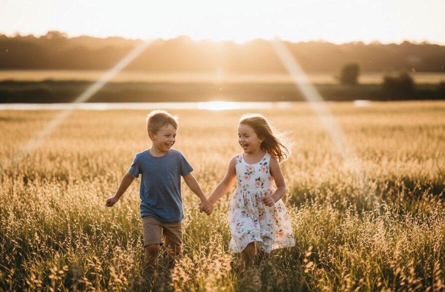 Joyful kids photography Waurn Ponds natural light captures a child mid-laugh, running through golden-hour fields near Deakin University, sun flare creating a magical, epic moment.