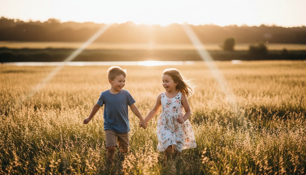 Joyful kids photography Waurn Ponds natural light captures a child mid-laugh, running through golden-hour fields near Deakin University, sun flare creating a magical, epic moment.