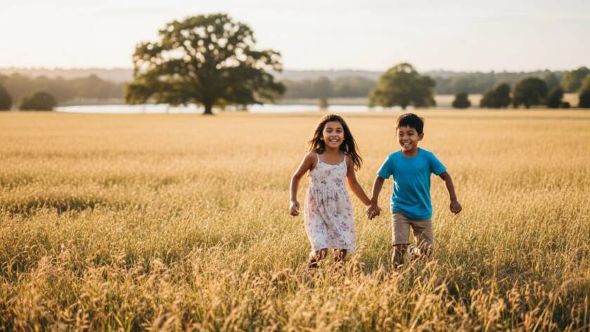 A wide-angle, cinematic photograph capturing joyful kids photography Wheelers Hill family moments, showing two siblings laughing and running through a sun-drenched park in Wheelers Hill, golden light highlighting their movement and genuine smiles, a professional and color-graded image.