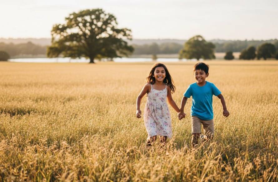 A wide-angle, cinematic photograph capturing joyful kids photography Wheelers Hill family moments, showing two siblings laughing and running through a sun-drenched park in Wheelers Hill, golden light highlighting their movement and genuine smiles, a professional and color-graded image.