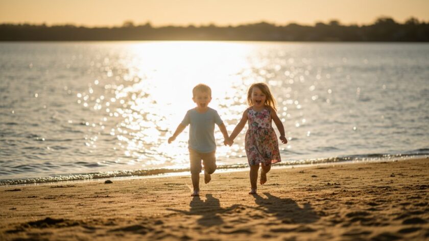Epic moment of two children laughing as they run along the golden sands of Yarrawonga foreshore at sunset, captured with joyful kids photography Yarrawonga foreshore, dramatic backlighting.