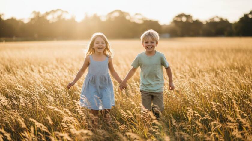 An epic moment of joyful kids photoshoot Clayton families, with two siblings laughing as they chase bubbles in a sun-drenched park in Clayton, Victoria, dramatic backlighting, professional colour grading.