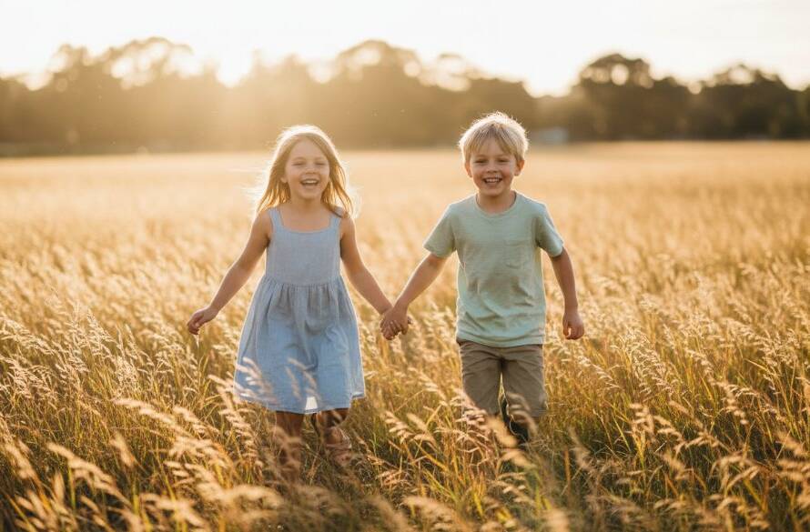 An epic moment of joyful kids photoshoot Clayton families, with two siblings laughing as they chase bubbles in a sun-drenched park in Clayton, Victoria, dramatic backlighting, professional colour grading.
