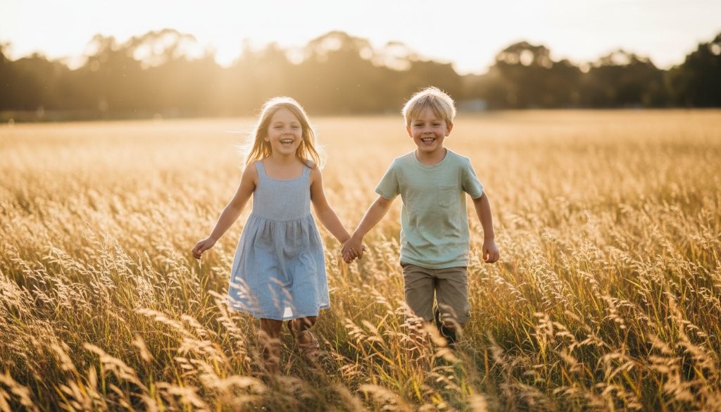An epic moment of joyful kids photoshoot Clayton families, with two siblings laughing as they chase bubbles in a sun-drenched park in Clayton, Victoria, dramatic backlighting, professional colour grading.