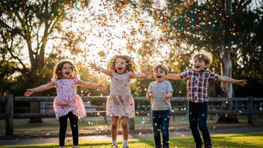A joyful Korumburra kids party photographer capturing genuine smiles Victoria, focusing on a group of happy children mid-laughter, confetti flying, under warm afternoon light at a Korumburra park celebration, showcasing an epic moment of pure joy and fun.