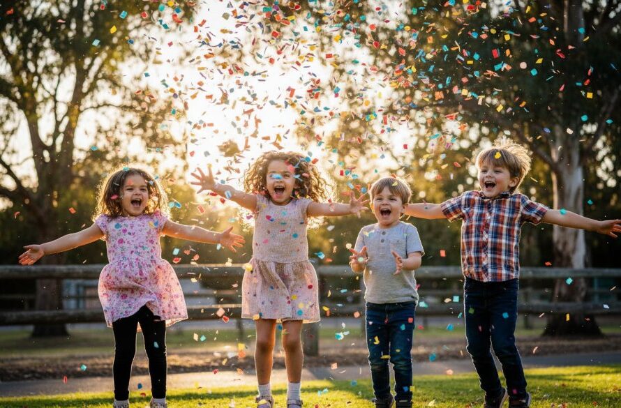 A joyful Korumburra kids party photographer capturing genuine smiles Victoria, focusing on a group of happy children mid-laughter, confetti flying, under warm afternoon light at a Korumburra park celebration, showcasing an epic moment of pure joy and fun.